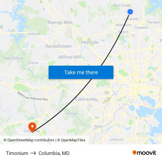 Timonium to Columbia, MD map