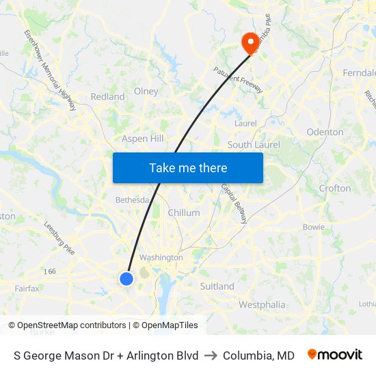 S George Mason Dr + Arlington Blvd to Columbia, MD map