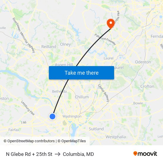 N Glebe Rd + 25th St to Columbia, MD map