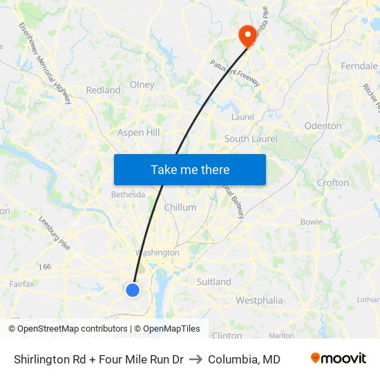 Shirlington Rd + Four Mile Run Dr to Columbia, MD map