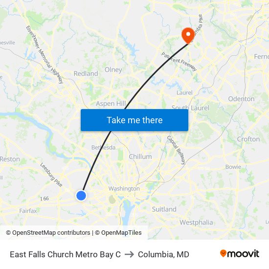 East Falls Church Metro Bay C to Columbia, MD map