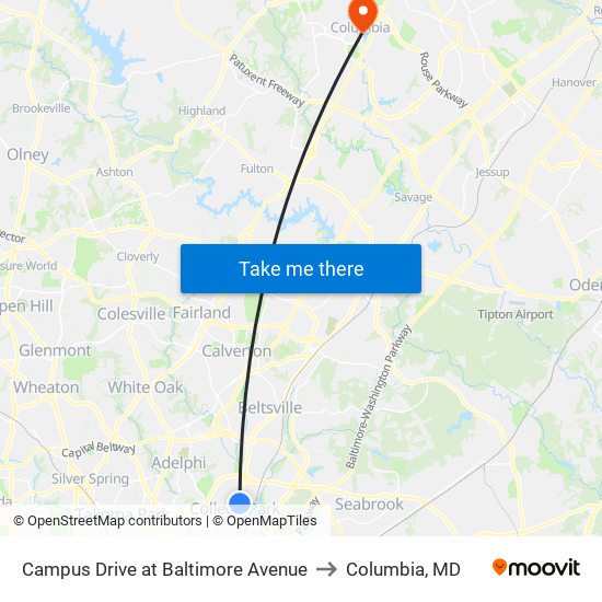 Campus Drive at Baltimore Avenue to Columbia, MD map