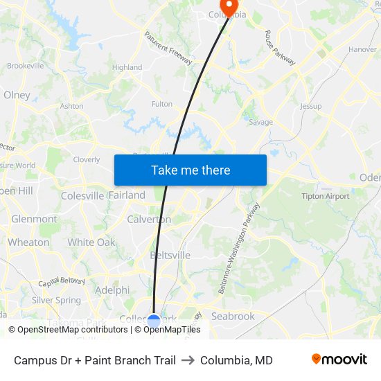 Campus Dr + Paint Branch Trail to Columbia, MD map