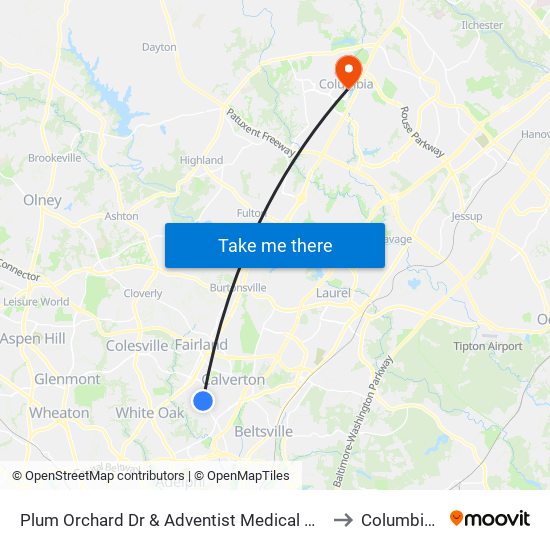 Plum Orchard Dr & Adventist Medical Cen White Oak to Columbia, MD map