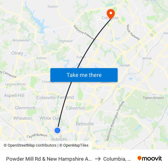 Powder Mill Rd & New Hampshire Ave to Columbia, MD map