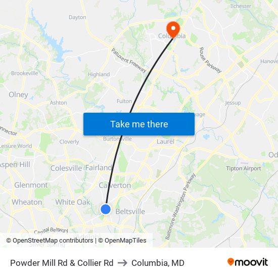 Powder Mill Rd & Collier Rd to Columbia, MD map