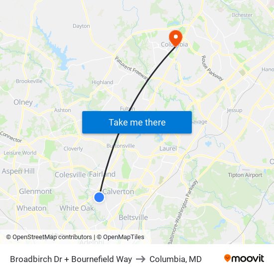 Broadbirch Dr + Bournefield Way to Columbia, MD map