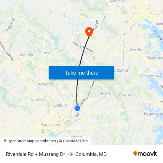 Riverdale Rd + Mustang Dr to Columbia, MD map