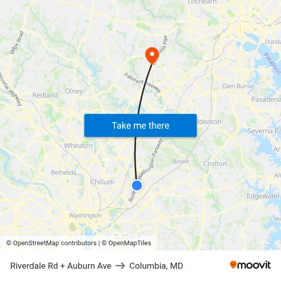 Riverdale Rd + Auburn Ave to Columbia, MD map