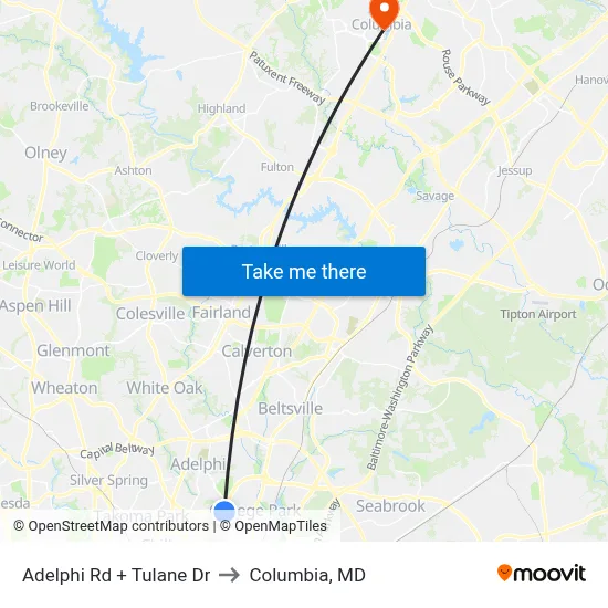 Adelphi Rd + Tulane Dr to Columbia, MD map