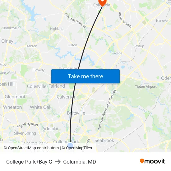College Park+Bay G to Columbia, MD map