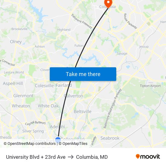 University Blvd + 23rd Ave to Columbia, MD map