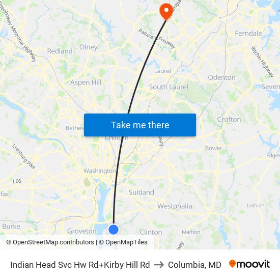 Indian Head Hwy Svc Rd+Kirby Hill Rd to Columbia, MD map