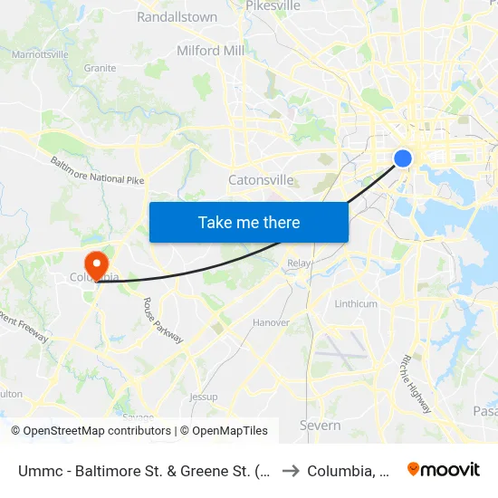 Ummc - Baltimore St. & Greene St. (Eb) to Columbia, MD map