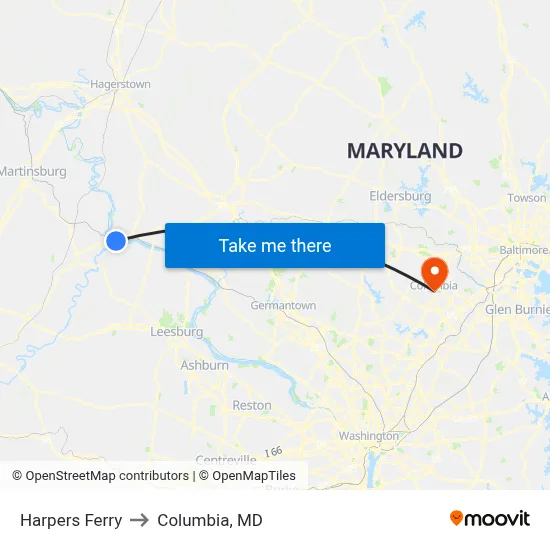 Harpers Ferry to Columbia, MD map