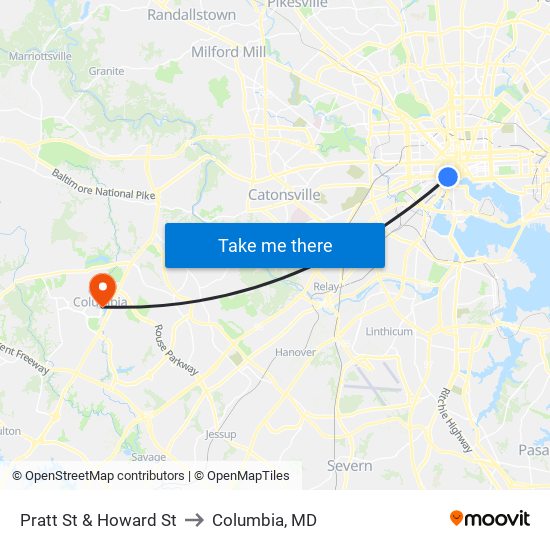 Pratt St & Howard St to Columbia, MD map