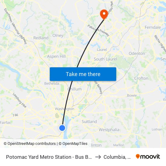 Potomac Yard Metro Station - Bus Bay A to Columbia, MD map