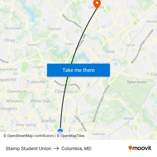 Stamp Student Union to Columbia, MD map
