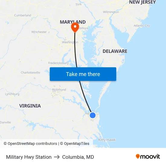 Military Hwy Station to Columbia, MD map