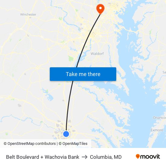 Belt Boulevard + Wachovia Bank to Columbia, MD map