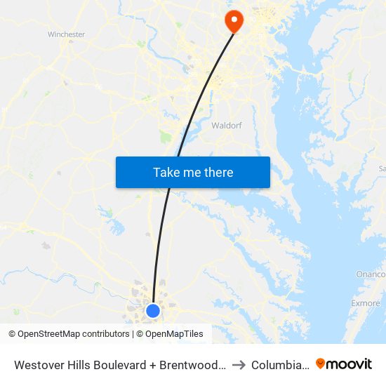 Westover Hills Boulevard + Brentwood South Apts to Columbia, MD map