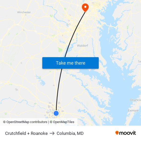 Crutchfield + Roanoke to Columbia, MD map