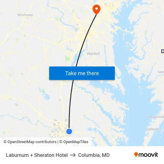 Laburnum + Sheraton Hotel to Columbia, MD map
