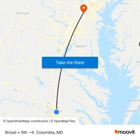 Broad + 9th to Columbia, MD map