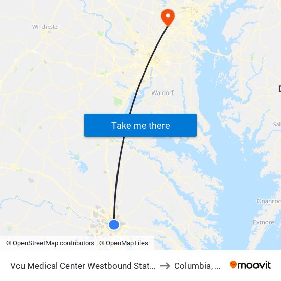 Vcu Medical Center Westbound Station to Columbia, MD map