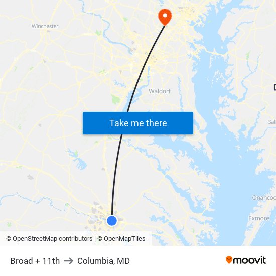 Broad + 11th to Columbia, MD map