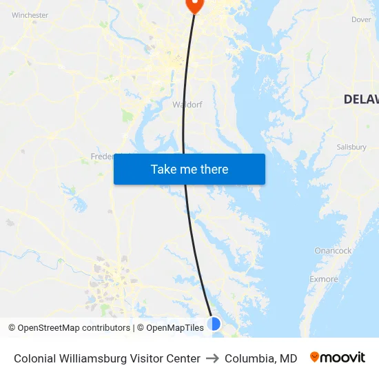 Colonial Williamsburg Visitor Center to Columbia, MD map