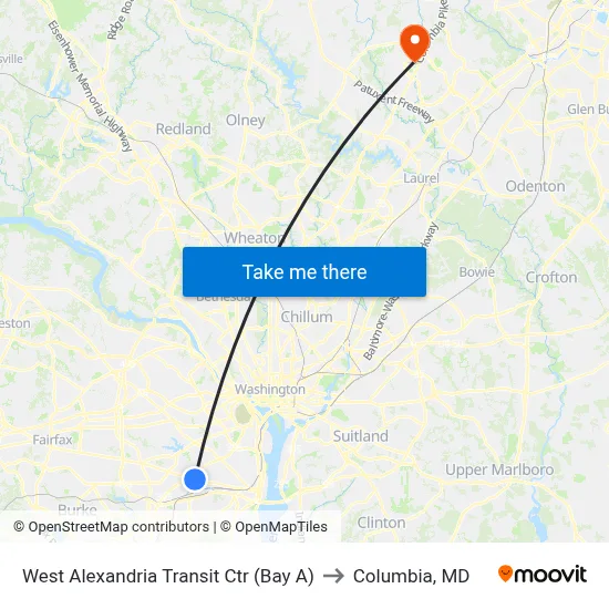 West Alexandria Transit Ctr (Bay A) to Columbia, MD map