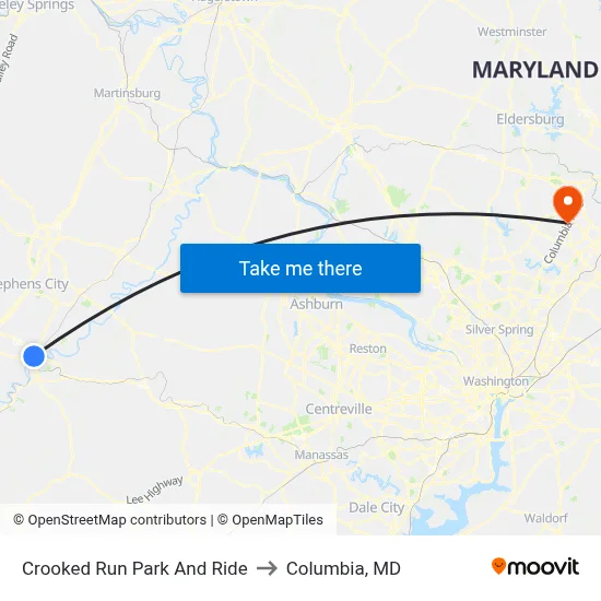 Crooked Run Park And Ride to Columbia, MD map
