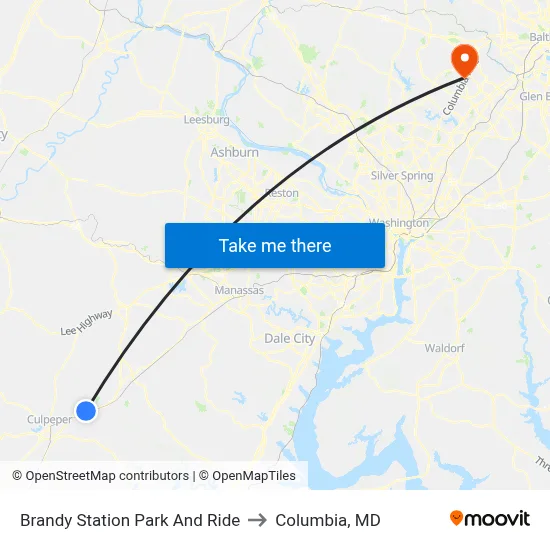Brandy Station Park And Ride to Columbia, MD map