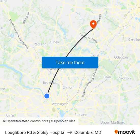 Loughboro Rd & Sibley Hospital to Columbia, MD map