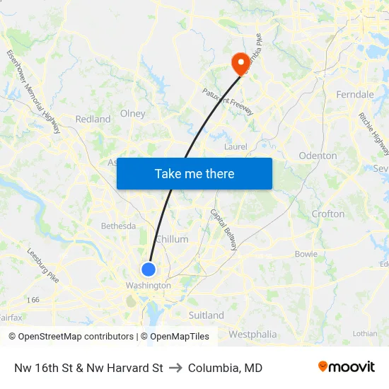 Nw 16th St & Nw Harvard St to Columbia, MD map