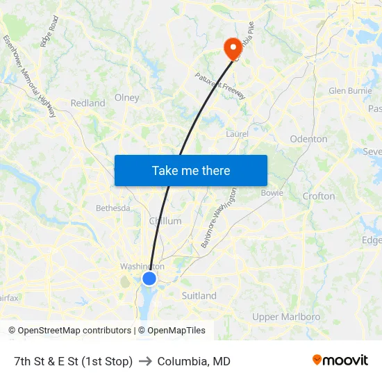 7th St & E St (1st Stop) to Columbia, MD map
