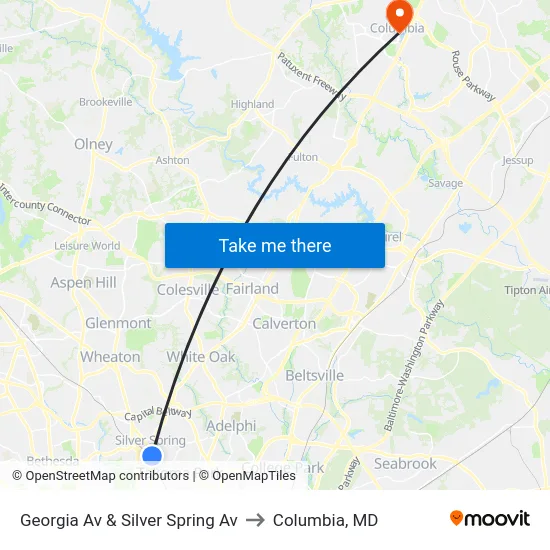 Georgia Av & Silver Spring Av to Columbia, MD map