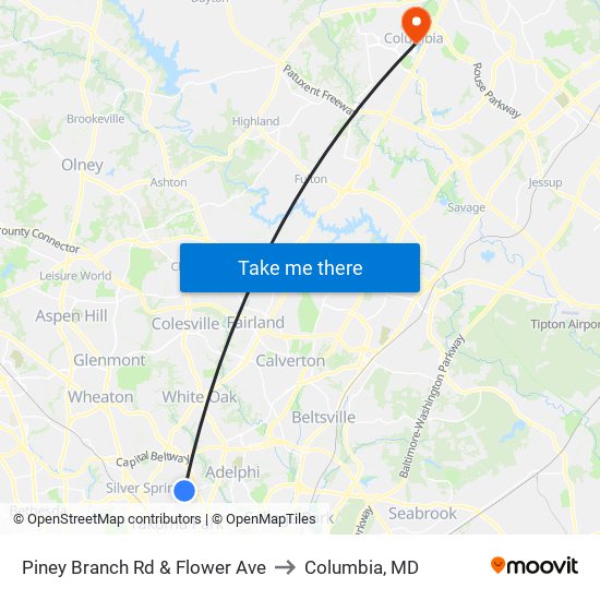 Piney Branch Rd & Flower Ave to Columbia, MD map