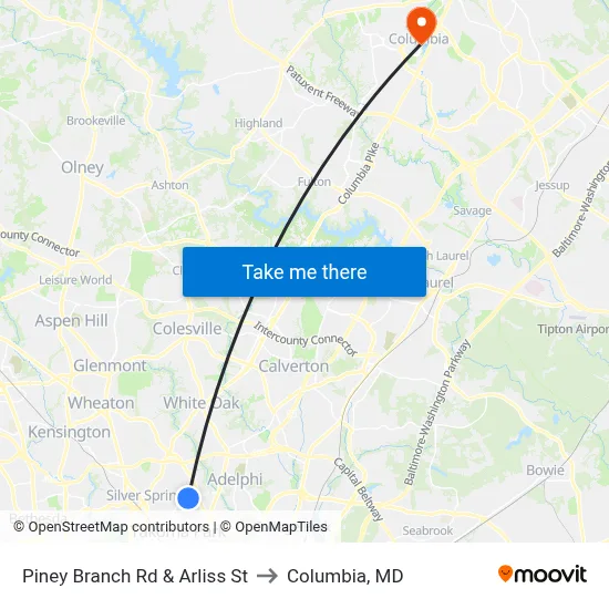 Piney Branch Rd & Arliss St to Columbia, MD map