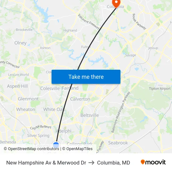 New Hampshire Av & Merwood Dr to Columbia, MD map