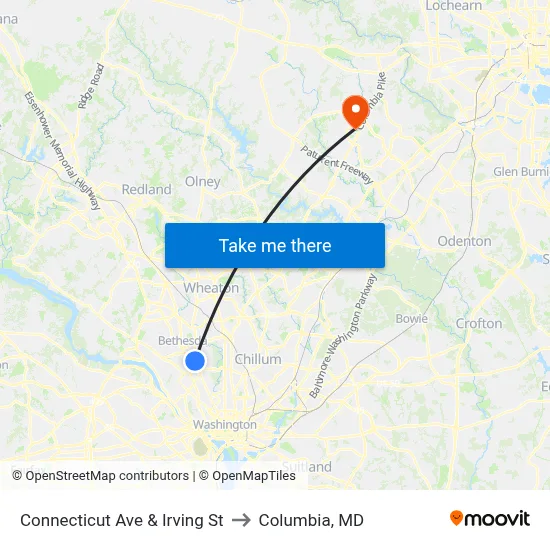 Connecticut Ave & Irving St to Columbia, MD map