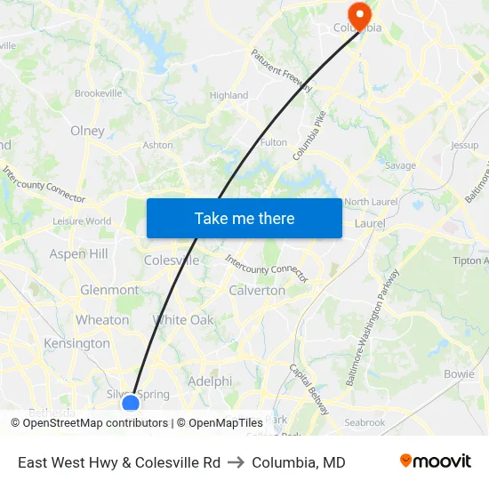 East West Hwy & Colesville Rd to Columbia, MD map