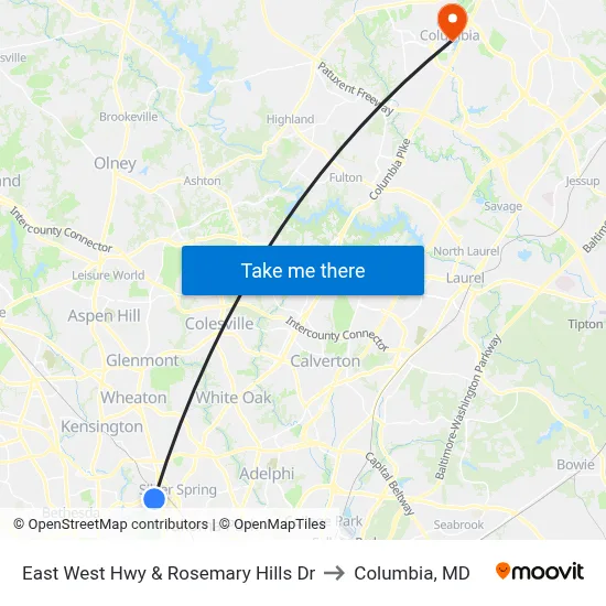 East West Hwy & Rosemary Hills Dr to Columbia, MD map