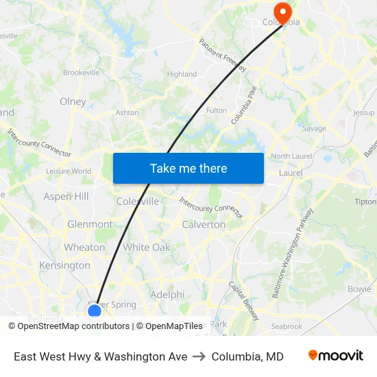 East West Hwy & Washington Ave to Columbia, MD map