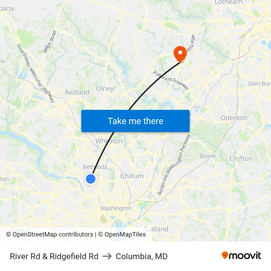 River Rd & Ridgefield Rd to Columbia, MD map