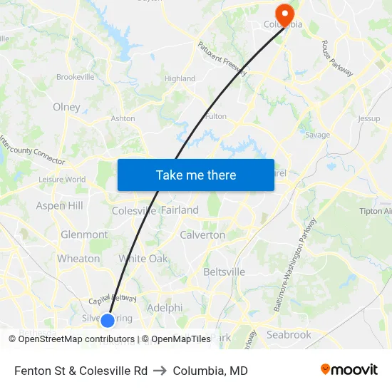 Fenton St & Colesville Rd to Columbia, MD map