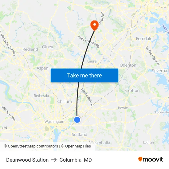 Deanwood Station to Columbia, MD map