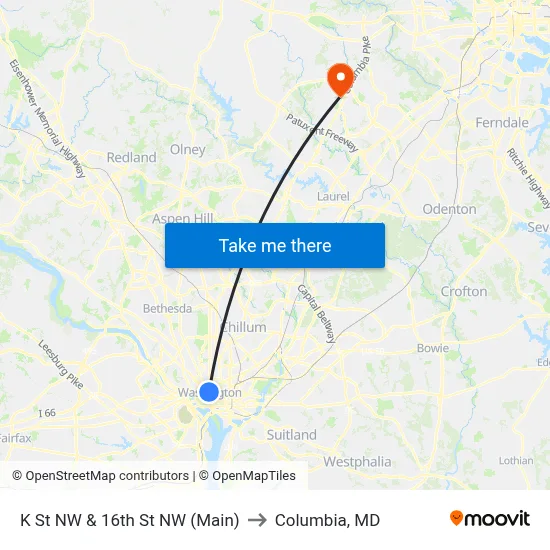 K St NW & 16th St NW (Main) to Columbia, MD map