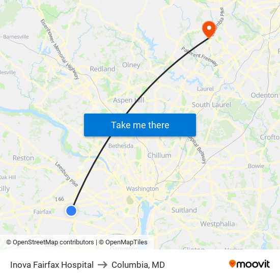 Inova Fairfax Hospital to Columbia, MD map